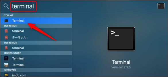 Открытие Terminal на Mac через Spotlight