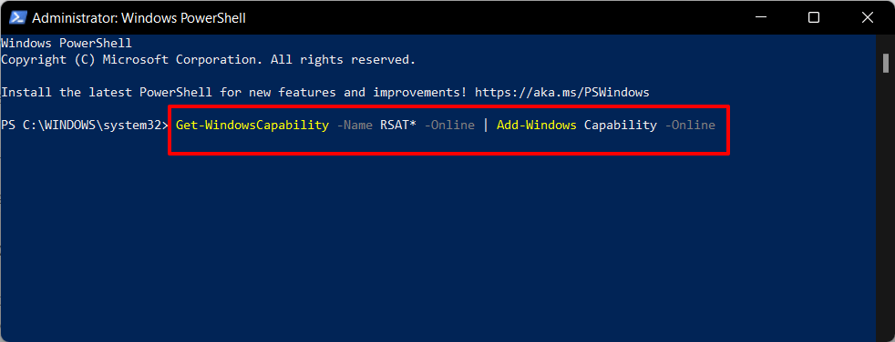 PowerShell에서 모든 RSAT 패키지 설치 예시 화면