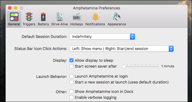 Окно настроек Amphetamine