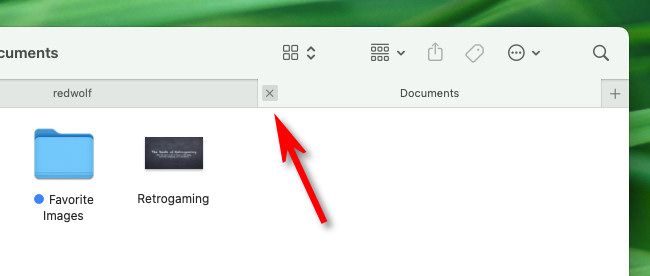 Нажмите кнопку X на вкладке Finder, чтобы закрыть вкладку.