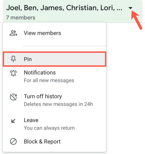 Развёрнутая беседа: стрелка и опция «Закрепить»