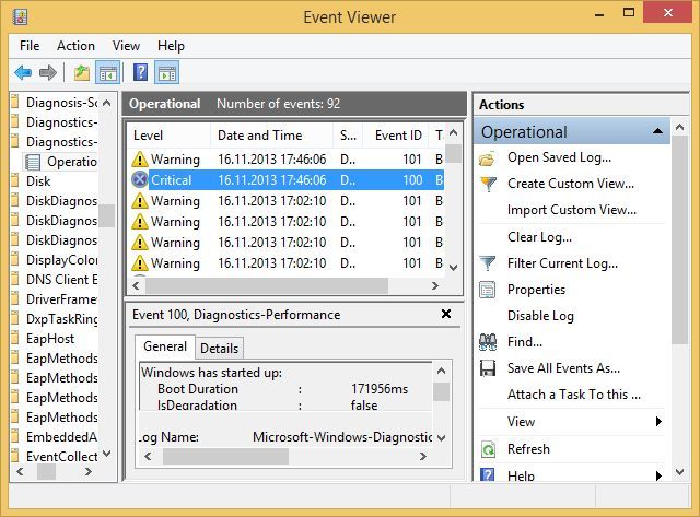 Просмотр событий Windows: длительность загрузки