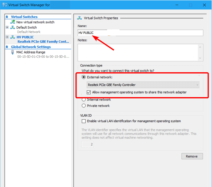 Параметры внешнего виртуального коммутатора