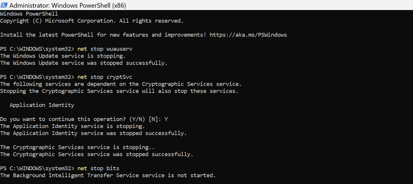Остановка компонентов обновления в PowerShell.