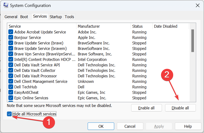 Окно «Службы» в msconfig с опцией скрыть службы Microsoft