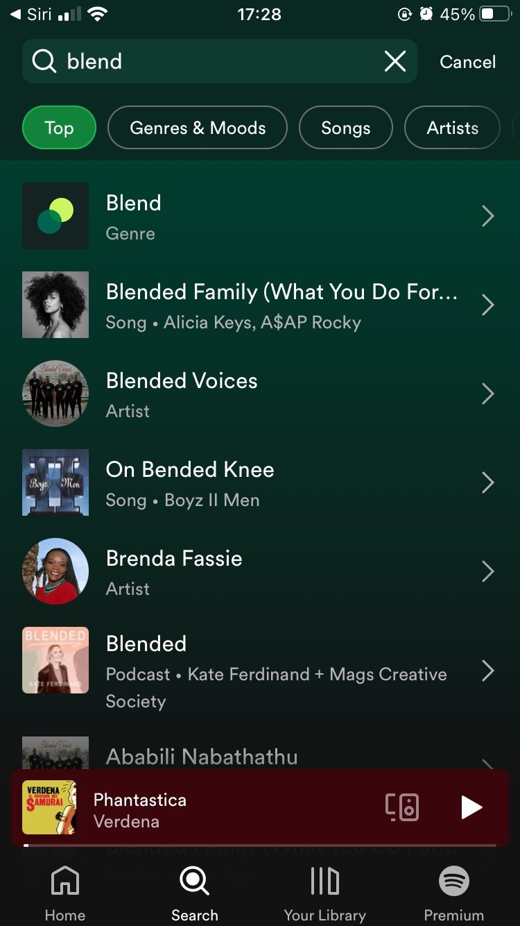 Скриншот поиска Blend в приложении Spotify
