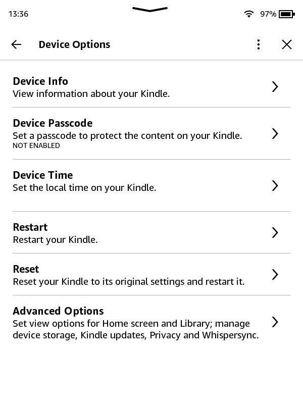 Kindle Device Options Setting Page