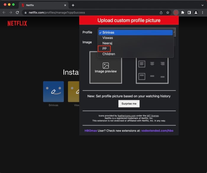 Selector de imagen personalizada para perfil de Netflix
