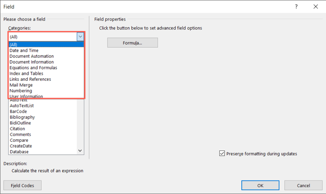 Список категорий для полей