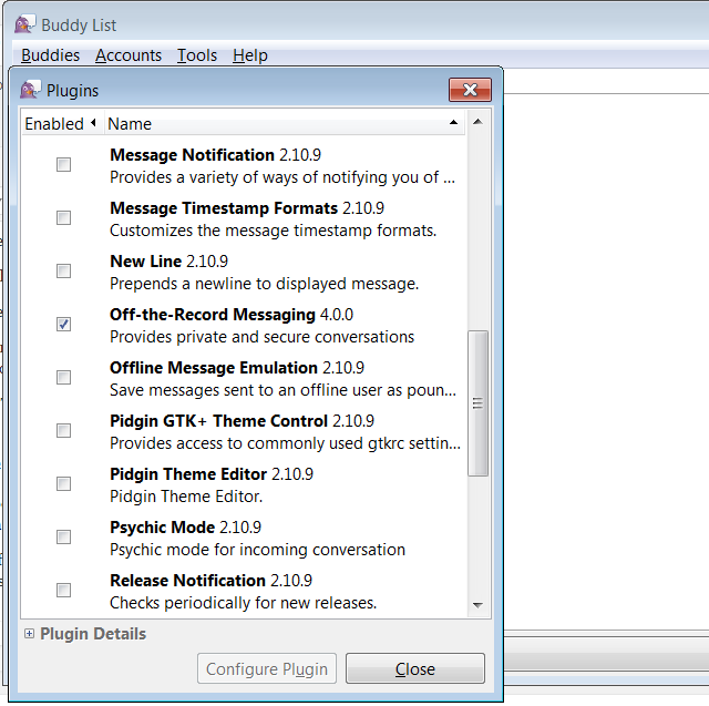 Настройки плагина OTR в Pidgin