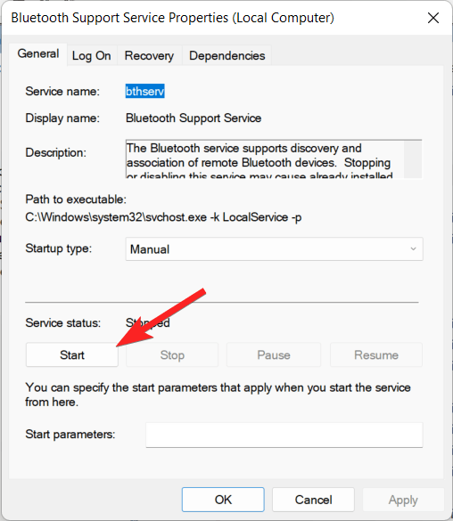Запуск службы Bluetooth Support Service