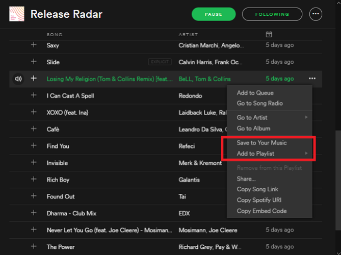 Добавление трека в плейлист Spotify