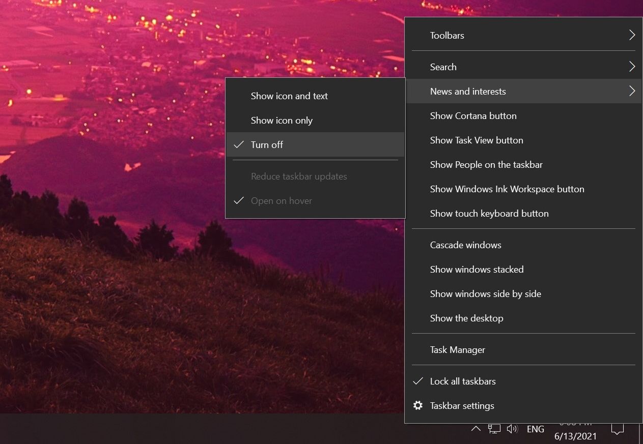 Опции виджета Новости и интересы в Windows 10