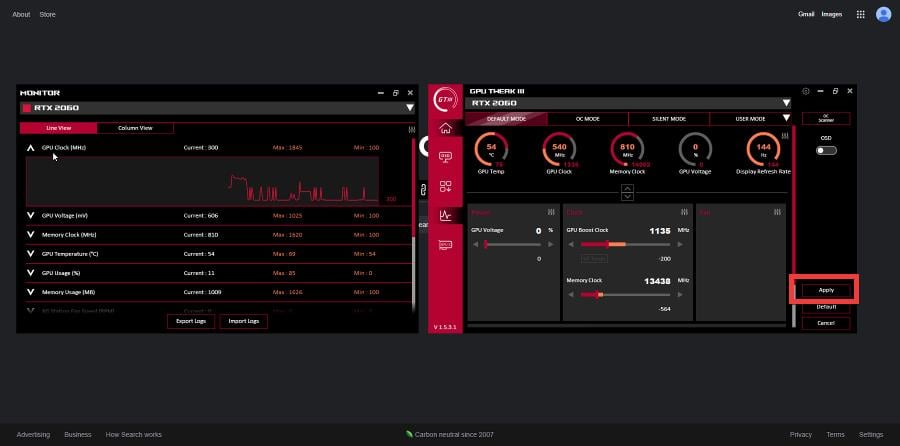 Кнопка Apply в ASUS GPU Tweak III