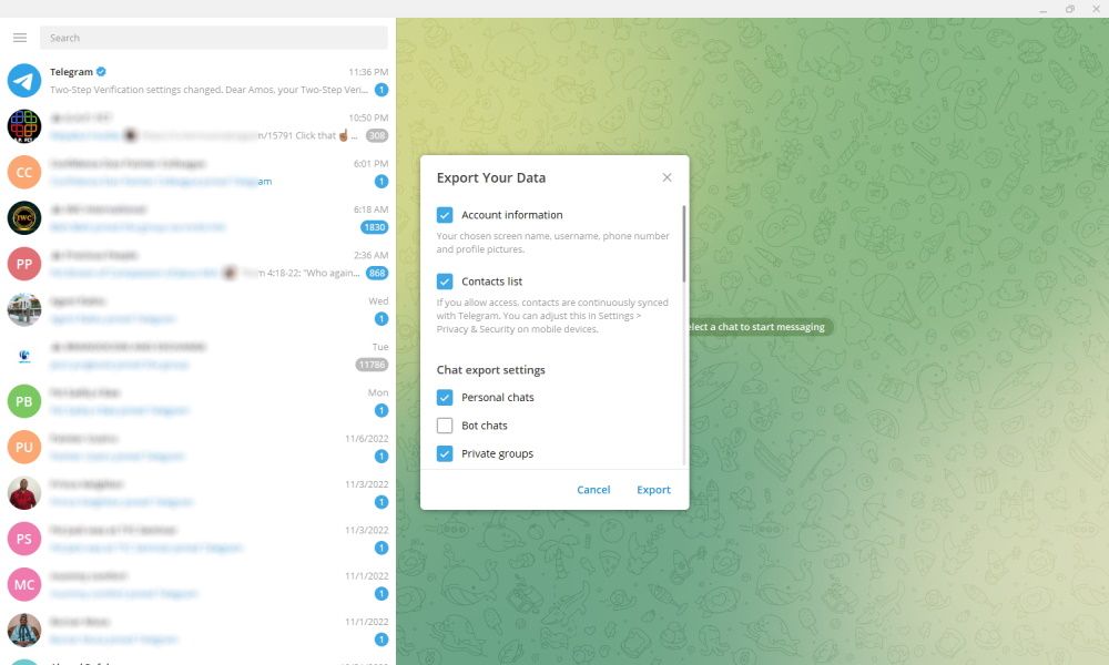 Telegram Export Data dialog box