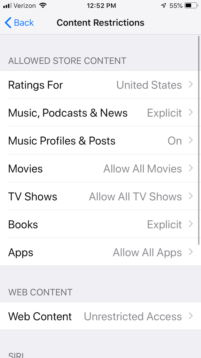 Content restrictions settings in Screen Time