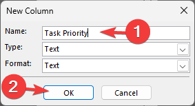 Окно задания имени и типа нового столбца