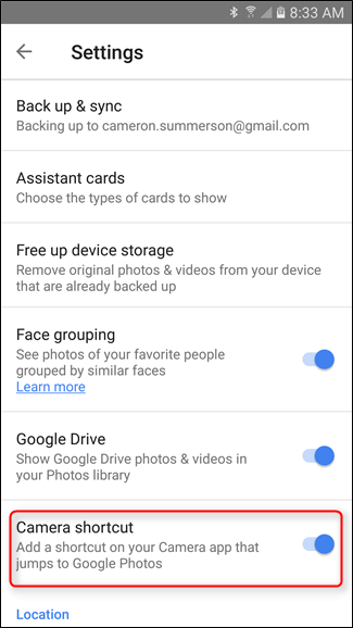 Скриншот: включение ярлыка камеры в Google Photos