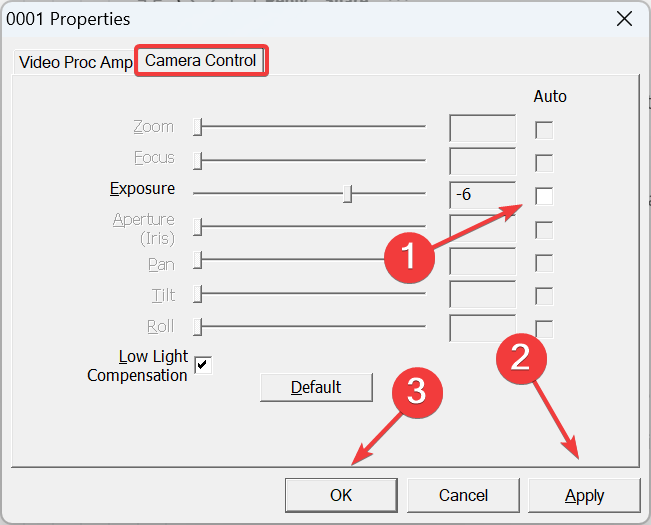 Вкладка Camera Control с отключением автоэкспозиции