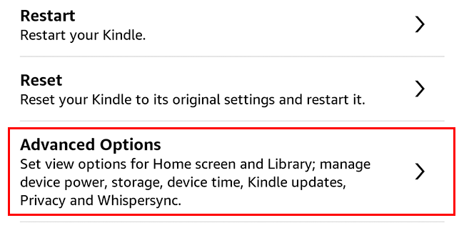 kindle advanced options