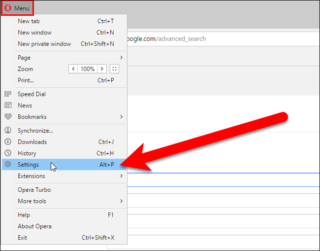 Скриншот меню Opera — выбор Настройки