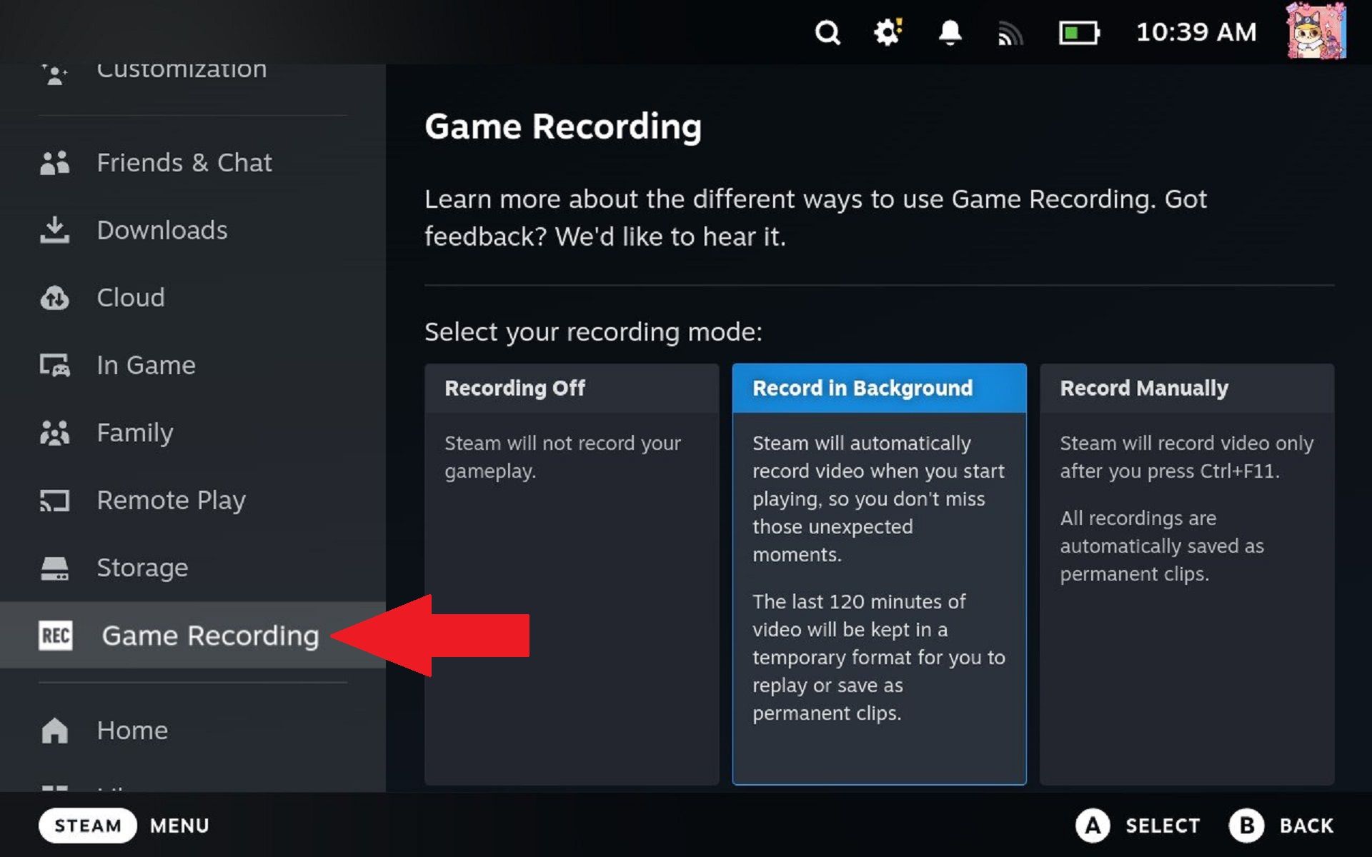 Меню Game Recording в настройках Steam Deck