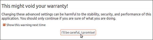 Предупреждение о настройках advanced в Firefox