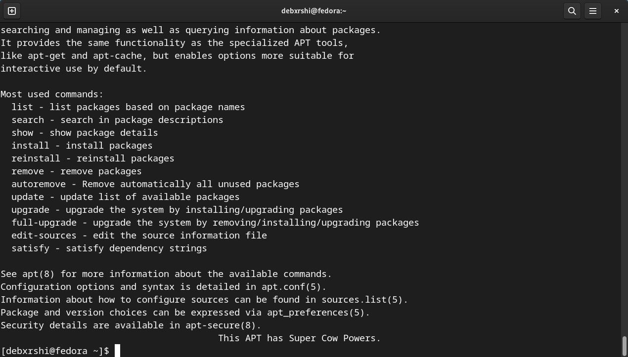 Запуск apt в Fedora — терминал с выполнением apt через DNF