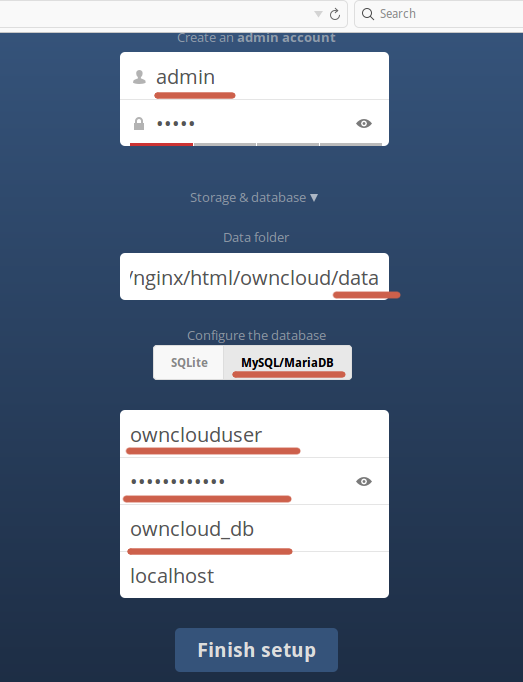 Процесс настройки OwnCloud в браузере