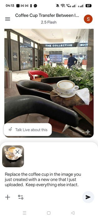 Coffee cup element transferred from one image to another in Gemini app using Nano Banana.