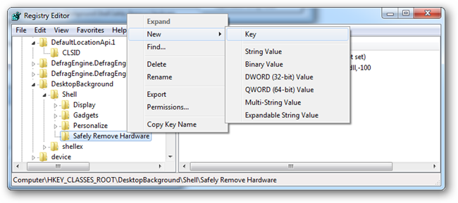 Создать ключ command внутри Safely Remove Hardware