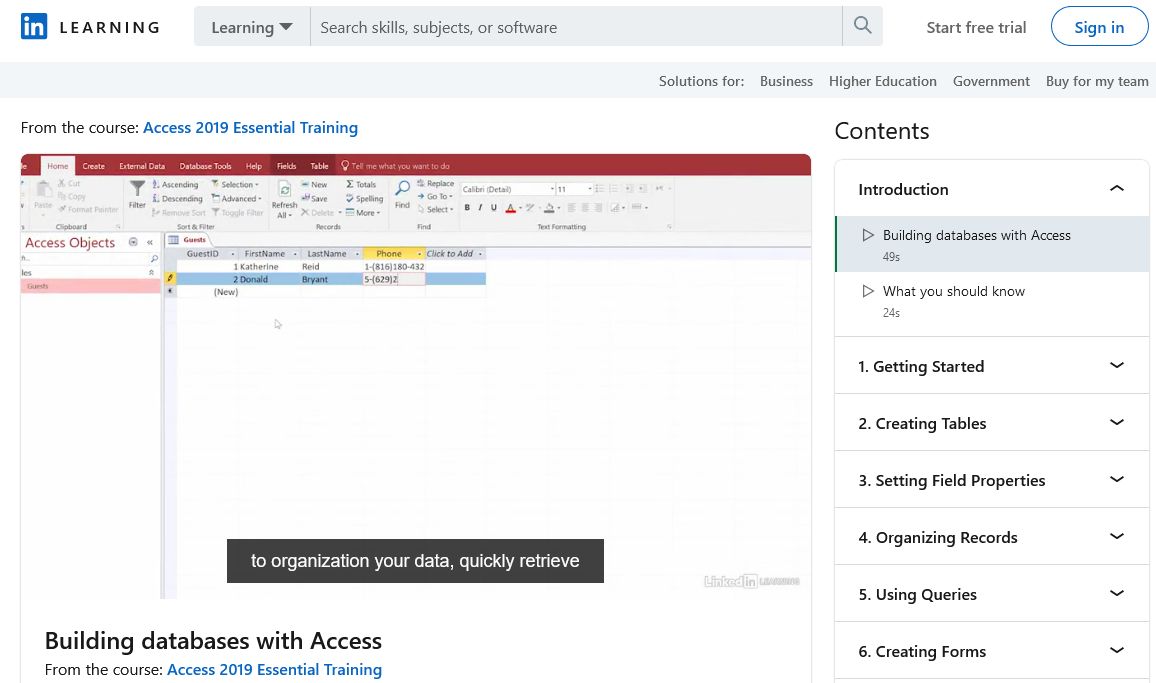 Скриншот курса LinkedIn Learning по Access
