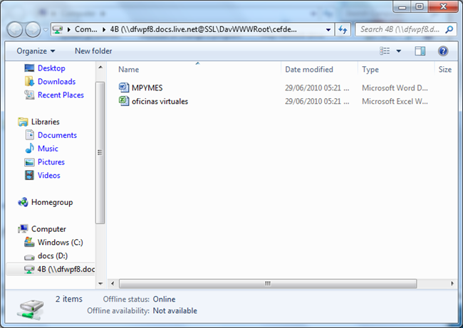 Открытая монтированная папка SkyDrive в отдельном окне