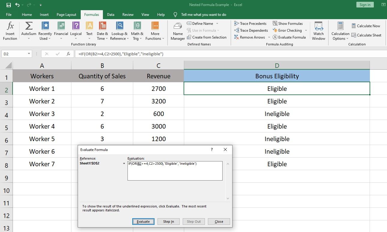 Окно Evaluate Formula выполняющее формулу в Microsoft Excel