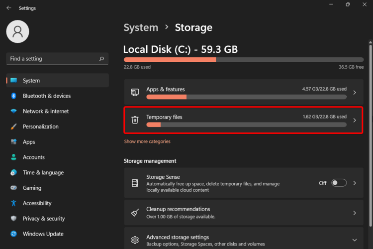 Опция временных файлов в Windows