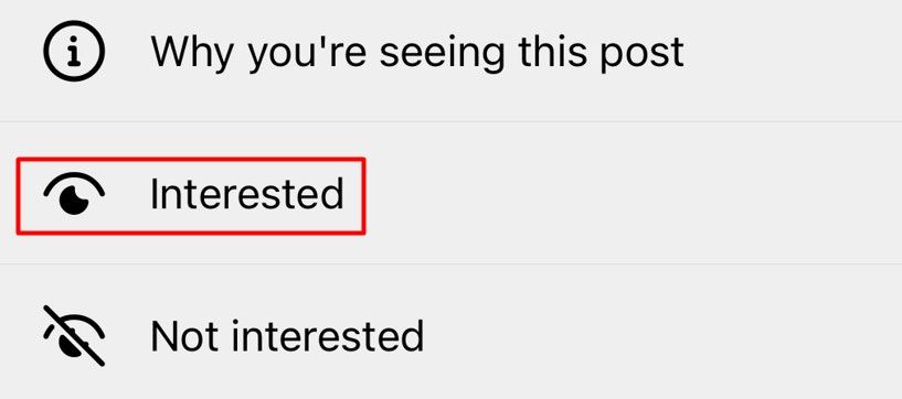 Опция «Интересует» в интерфейсе Instagram, показывающая, как дать сигнал алгоритму.