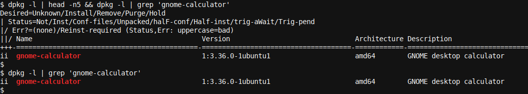 Вывод dpkg с информацией об установленном пакете gnome-calculator