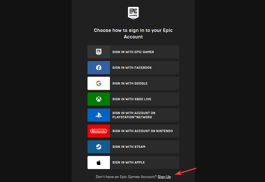 Форма регистрации/входа в Epic Games