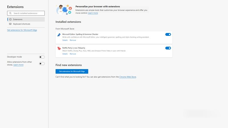 Панель управления расширениями Edge