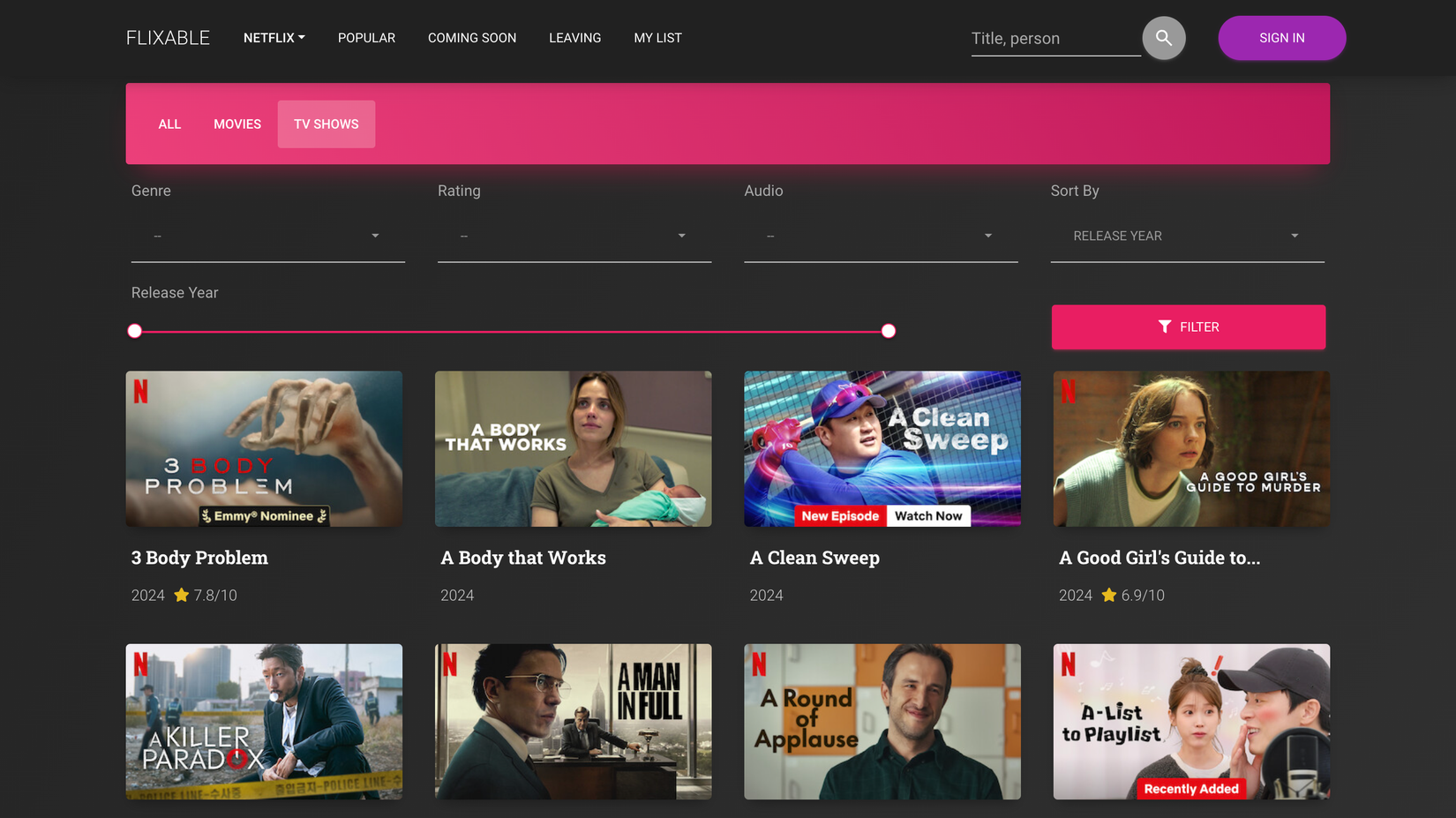 Скриншот Flixable: фильтры по жанру, году и рейтингу.