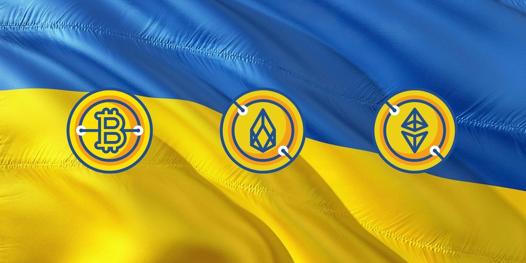 флаг Украины на фоне иконок криптовалют