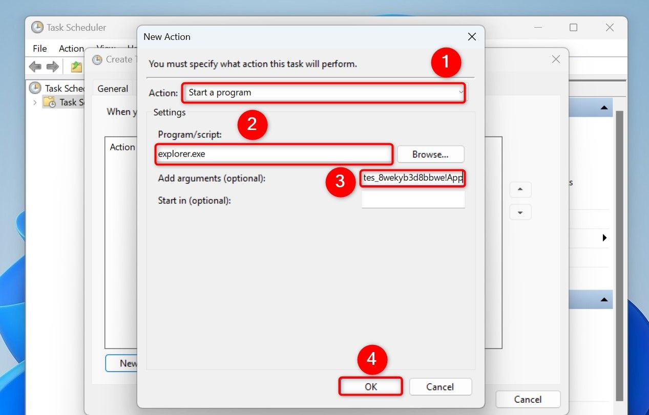 Опции создания действия подсвечены в окне New Action.
