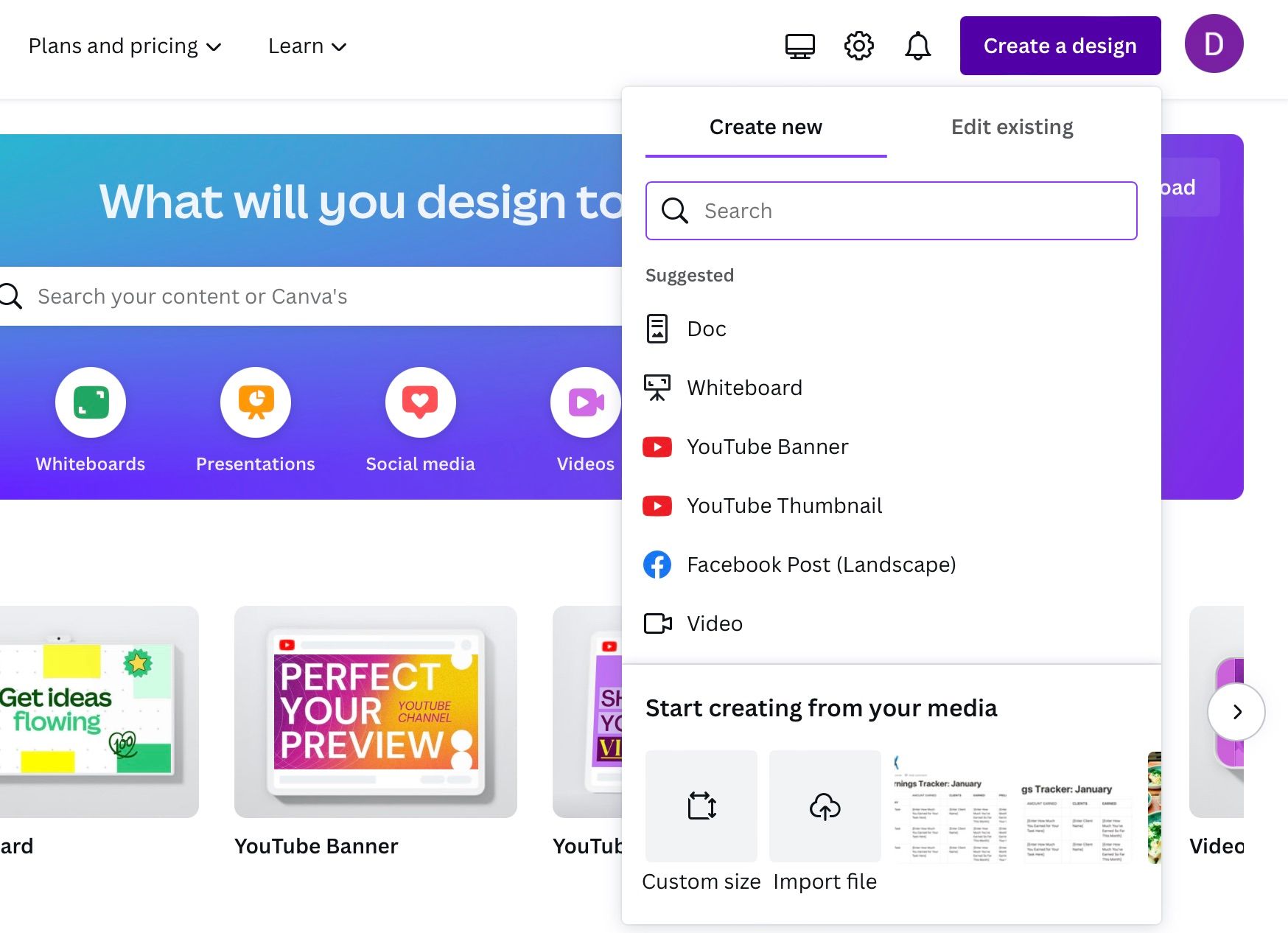 Опция Create a Design в Canva для выбора шаблонов