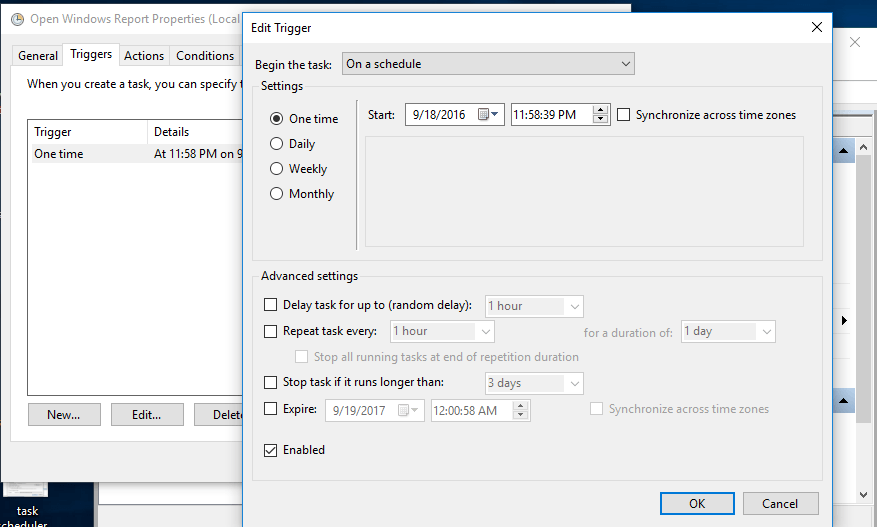 Вкладка Триггеры — настройка времени задачи
