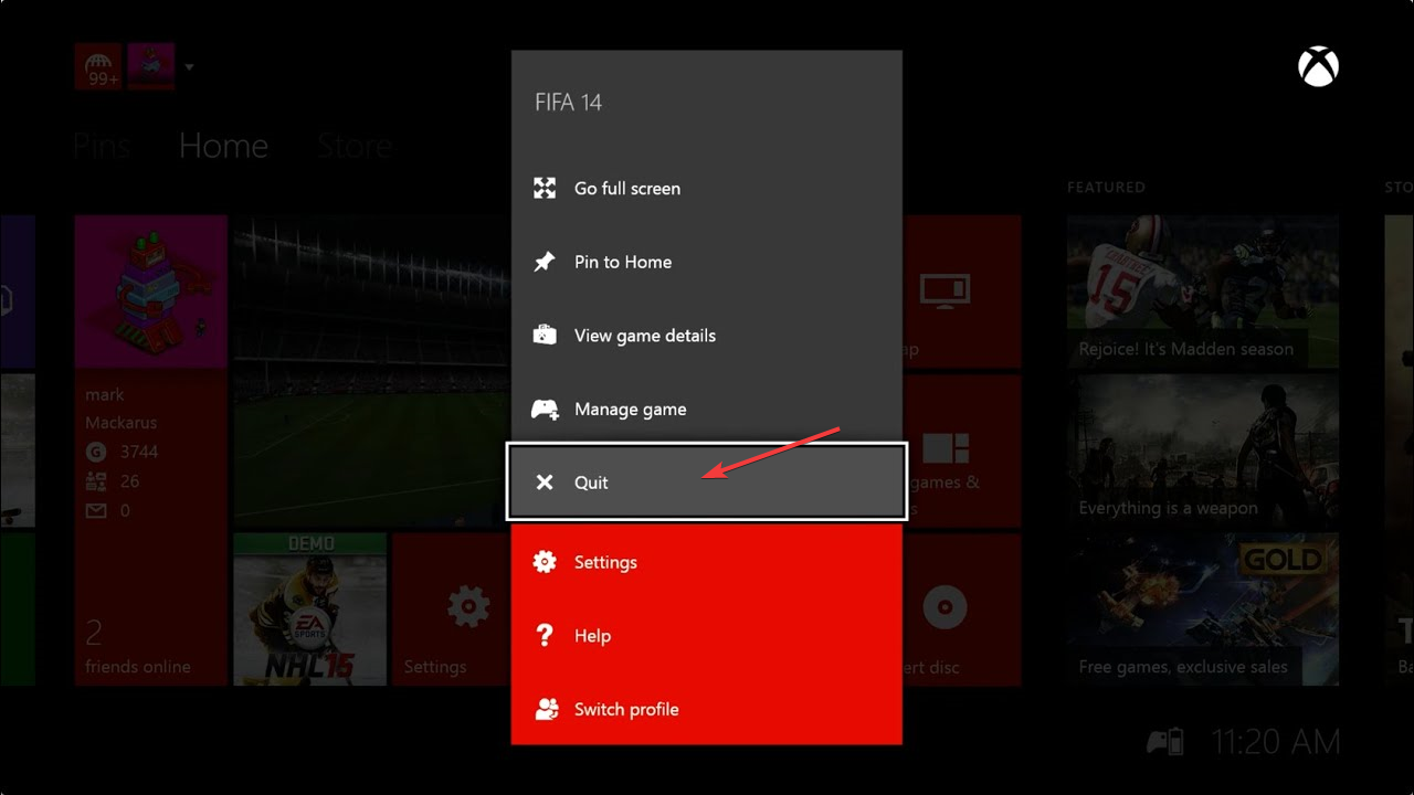 Опция выхода из приложения на Xbox