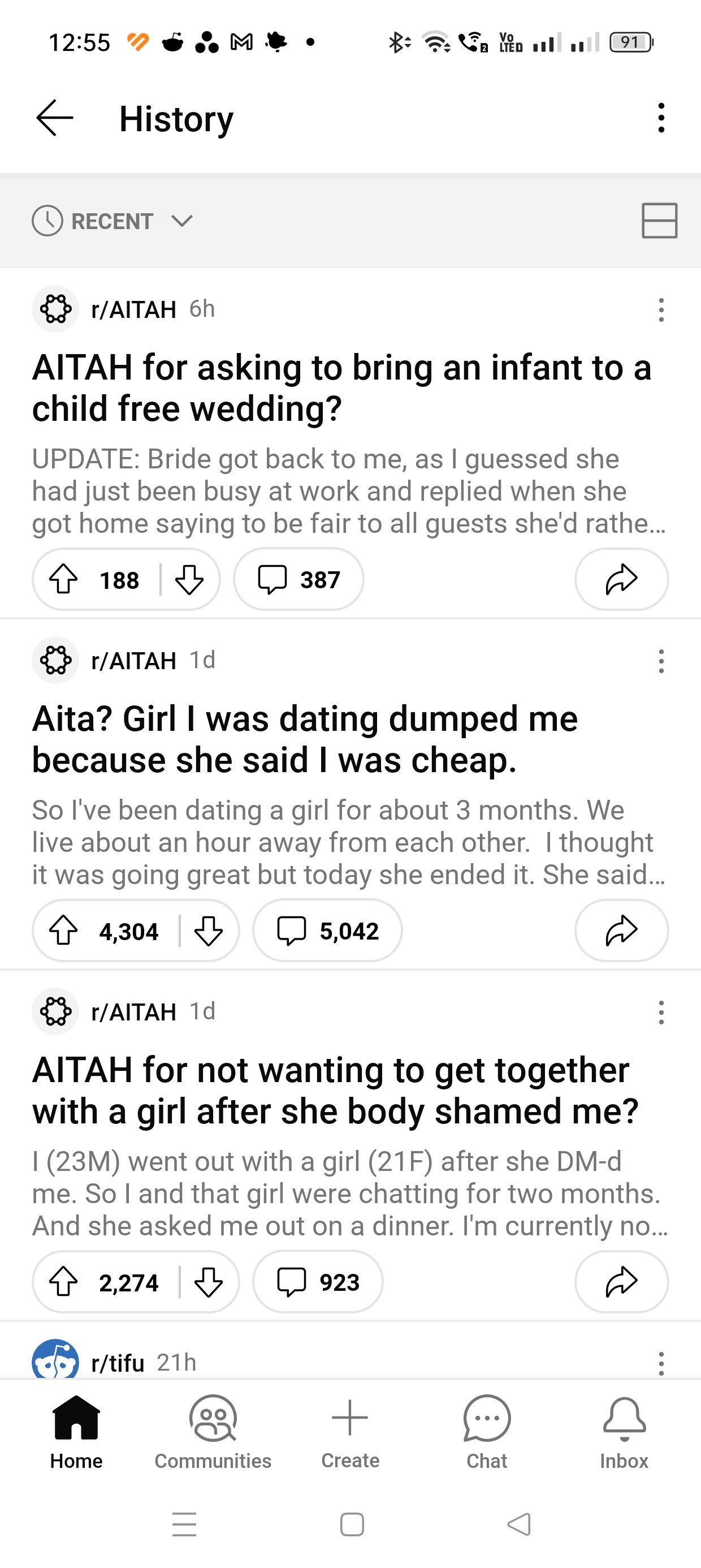 Вкладка «История» в приложении Reddit