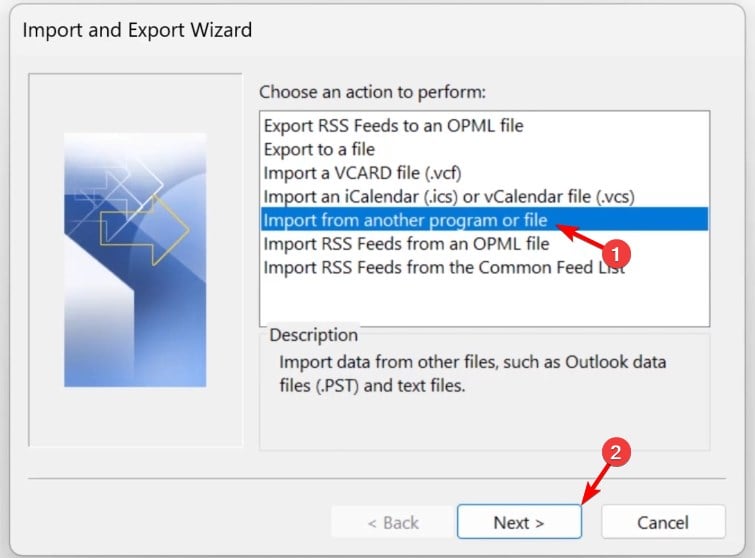 Мастер импорта/экспорта — выбор 'Импорт из другой программы или файла'