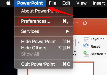 Окно «Параметры» PowerPoint на Mac