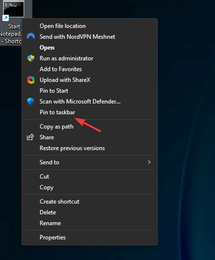 Ярлык .bat закреплён на панели задач Windows 11