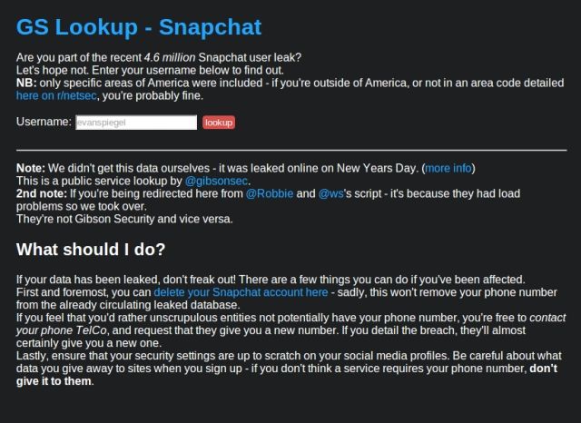 Веб‑страница проверки утекших данных Snapchat